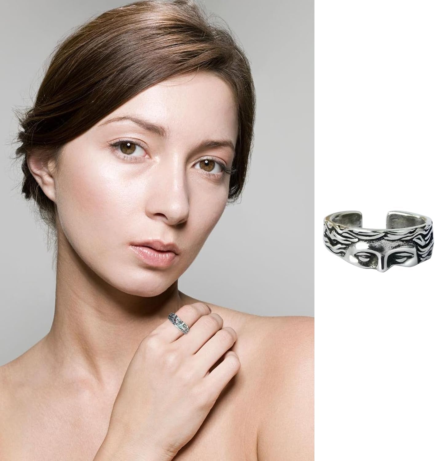 Vintage Rings Men'S Vintage Stainless Steel Unique Half Face Ring Adjustable Opening Ring for Women Men Fashion Unique Jewelry Birthday Gift