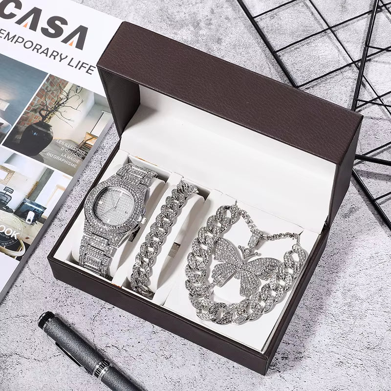 Women's Watch & Jewellery Gift Box – Gold Watch, Bracelet, Necklace & Cuban Chain Set