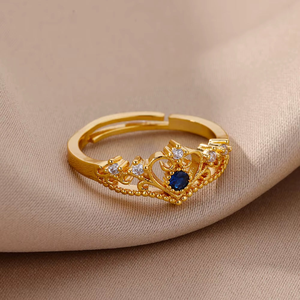 Blue Zircon Crown Rings for Women Stainless Steel Adjustable Crown Ring 2023 Trend Design Female Wedding Jewerly Free Shipping