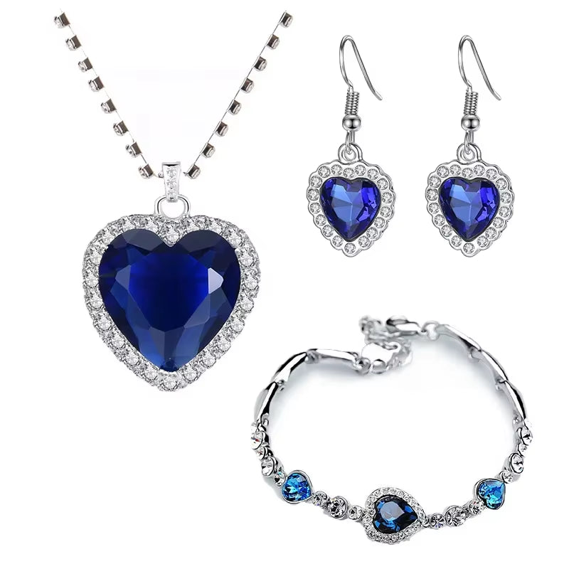 Women'S Bracelet Earring Necklace 3 Piece Set of Peach Heart Blue Crystal Zircon Jewelry Set Women'S Wedding Engagement Jewelry