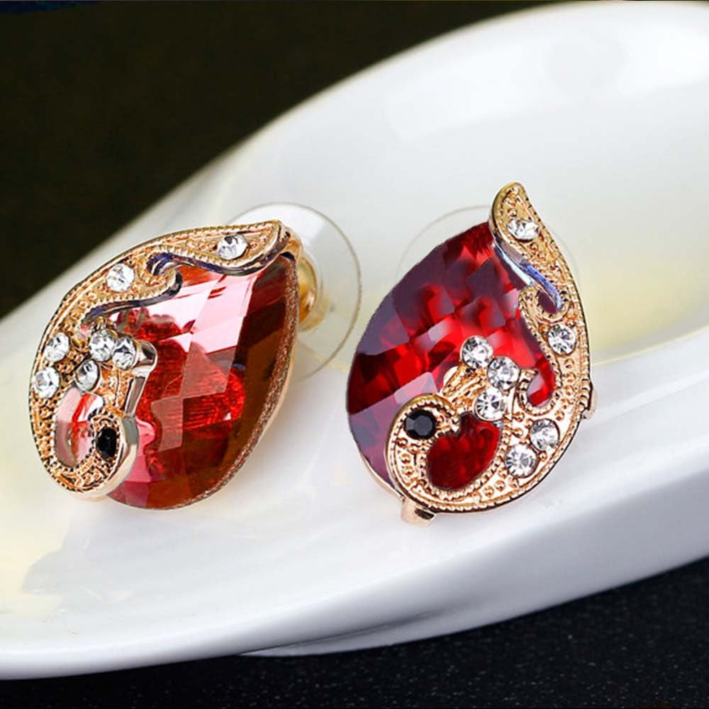 Women'S Gold Plated Teardrop Crystal Necklace, Rings and Earrings Jewelry Set (Red)