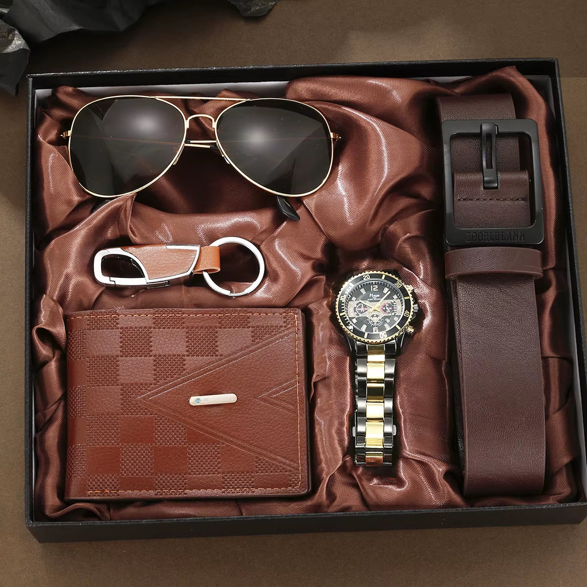 Men's 5-Piece Gift Box Set – Watch, Belt, Wallet, Hair Trimmer, Sunglasses & Keychain
