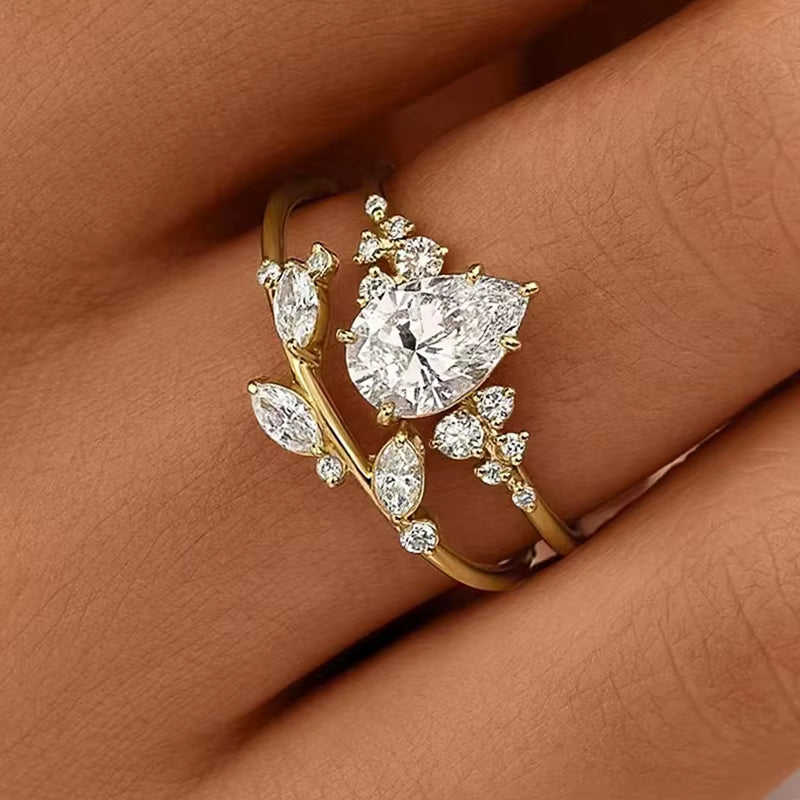 Trendy Bridal Sets Rings with Waterdrop Cubic Zirconia Romantic Women'S Accessories Anniversary Party New Luxury Jewelry