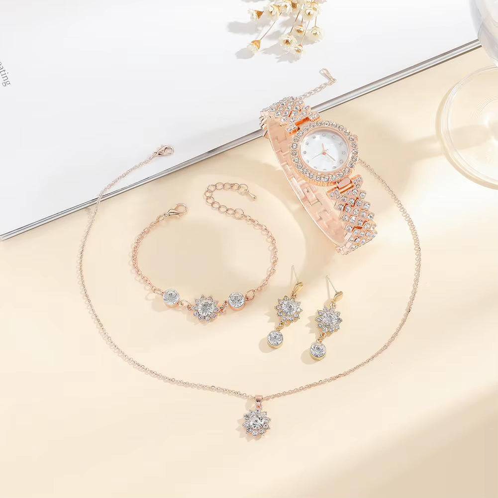 Women's Rose Gold Rhinestone Watch & Jewellery Gift Box