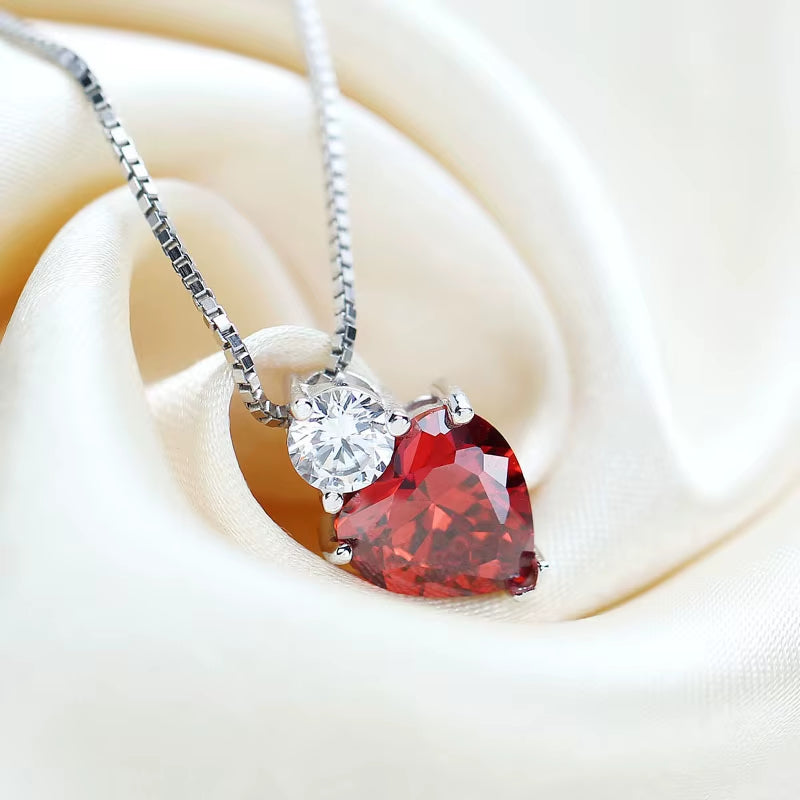Women Jewelry 925 Sterling Silver Shine Red AAA Zircon Heart Pendant Necklaces Fine Gift Wedding Love Rhinestone CZ Charm Choker