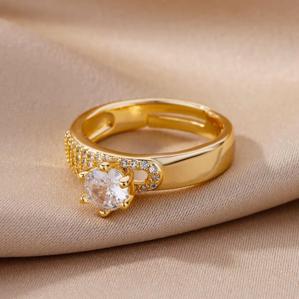 Stainless Steel round Rings for Women Zircon Geometric Gold Color Crystal Ring Aesthetic Wedding Party Jewerly Gift Bague Femme