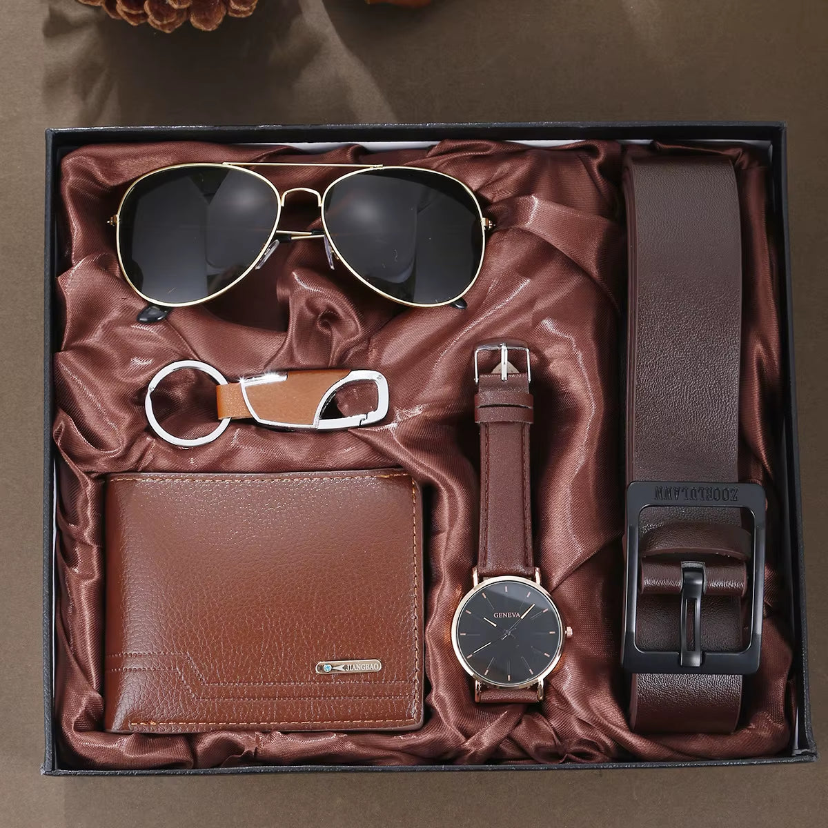 Men's 5-Piece Gift Box Set – Watch, Belt, Wallet, Hair Trimmer, Sunglasses & Keychain