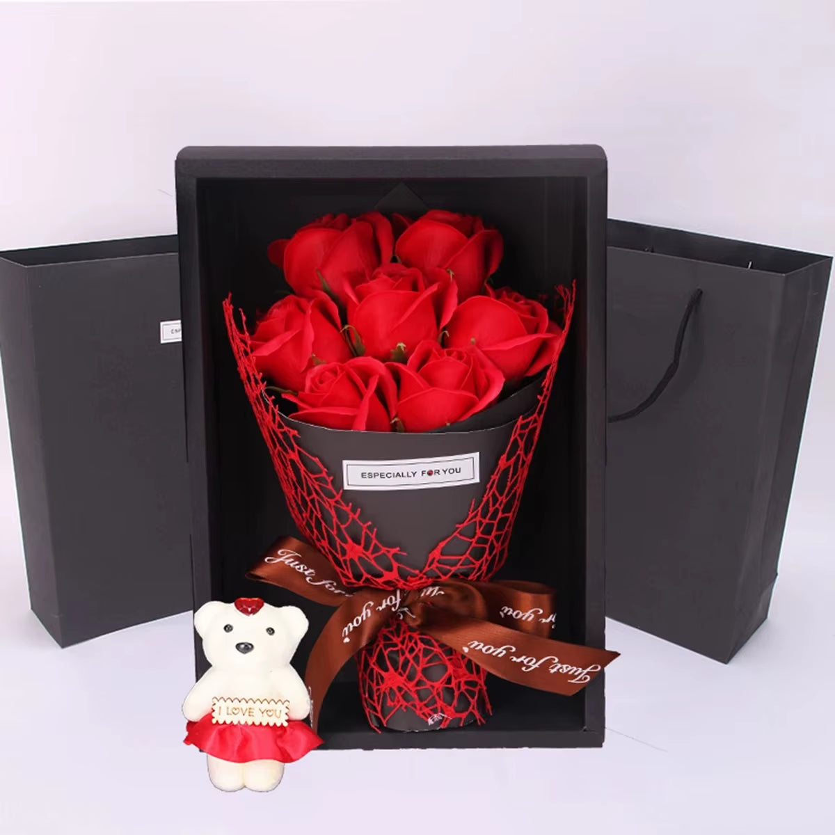 1Pc Handmade 7 Rose Soap Bouquet Little Bear Gift Box Creative Valentine'S Day Mother'S Day Birthday Party Rose Flower Gifts