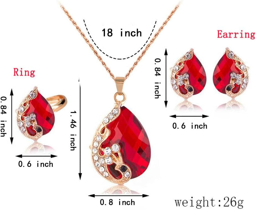 Women'S Gold Plated Teardrop Crystal Necklace, Rings and Earrings Jewelry Set (Red)