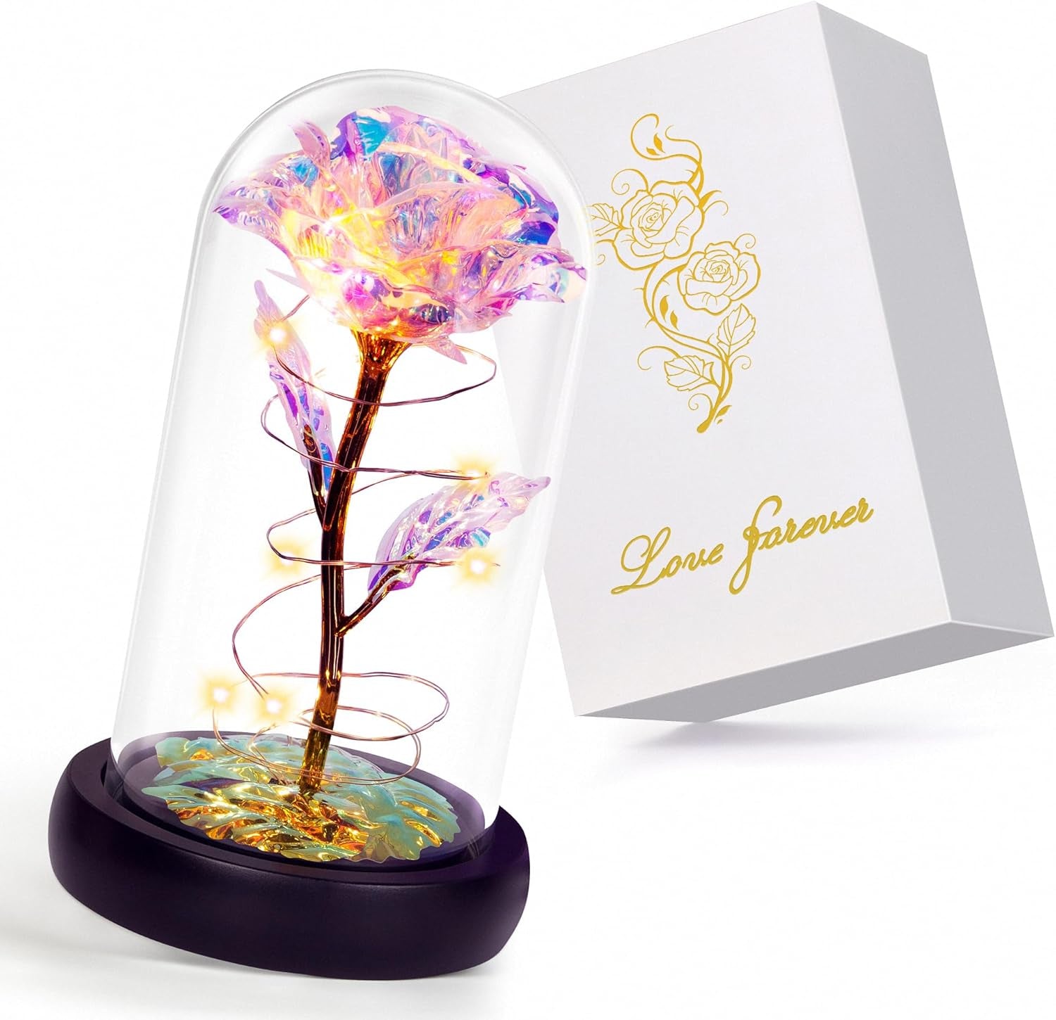 Valentines Gifts for Her,Birthday Gifts for Women,Valentines Day Flowers Gifts for Mom,Women,Her,Wife,Grandma,Light up Rose in Glass Dome,Colorful Rainbow Mothers Day Flowers for Delivery