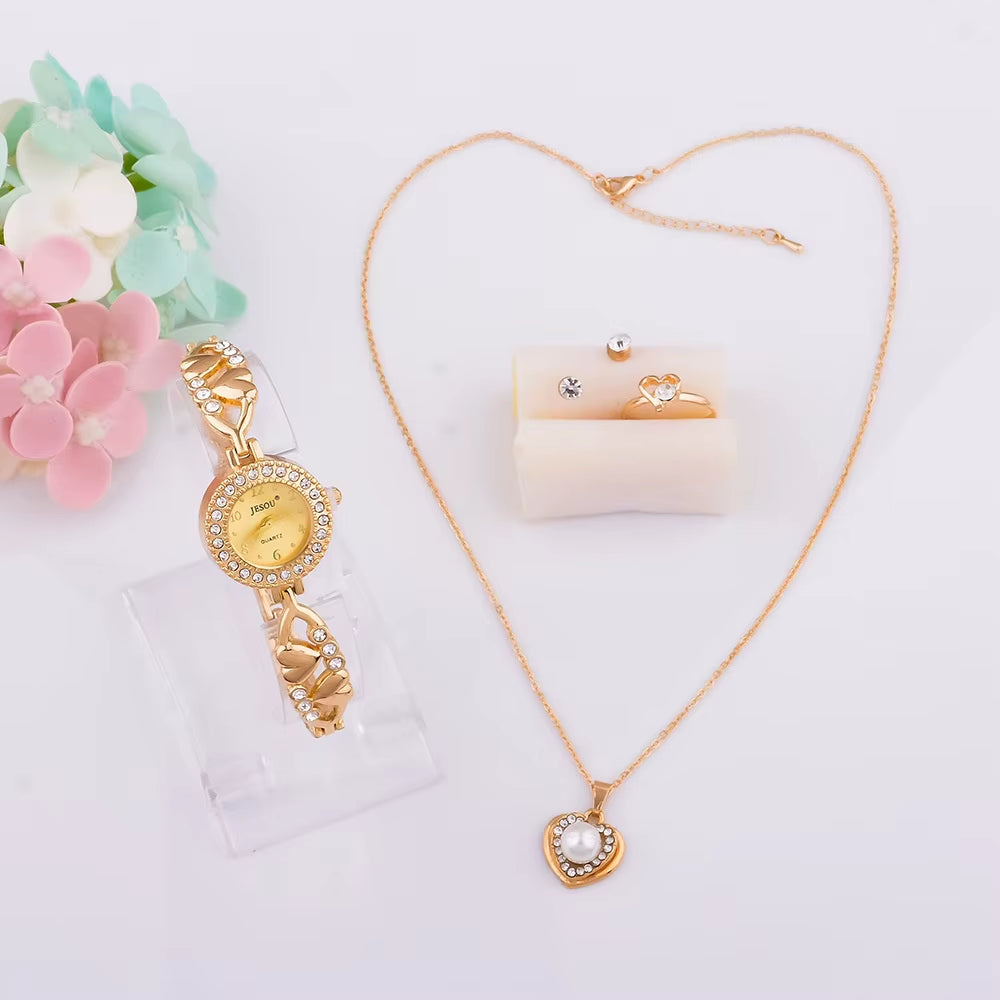 Women's Watch & Jewellery Gift Box – Silver Crystal Watch, Necklace, Ring & Earrings