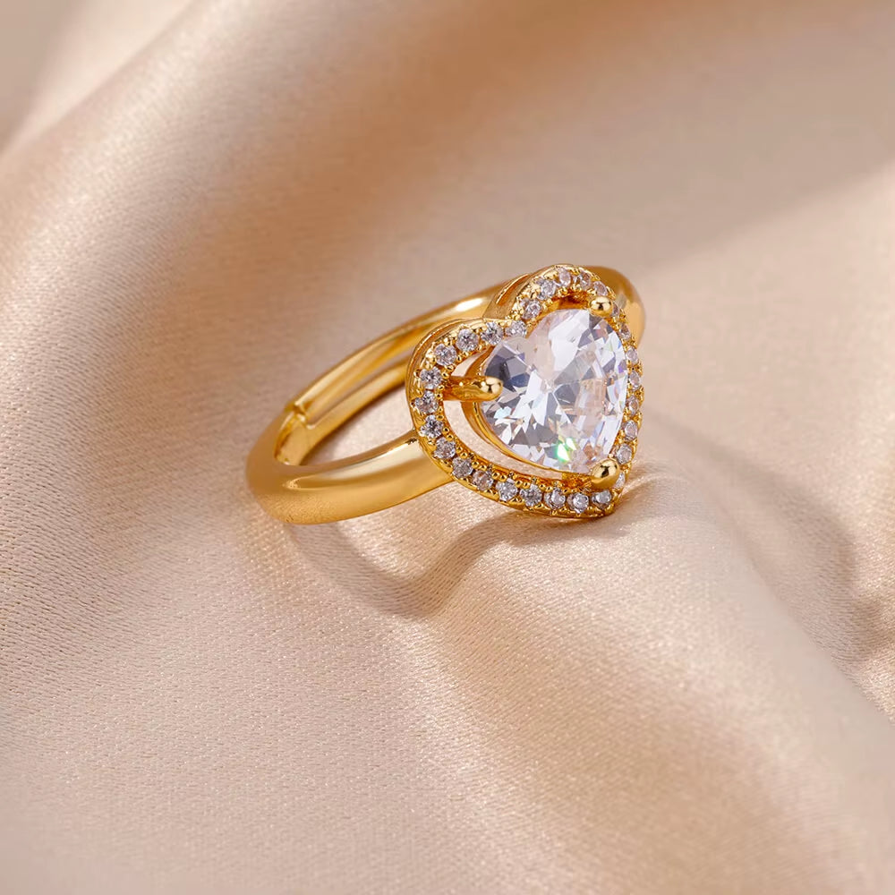 Stainless Steel Heart Rings for Women Zircon Gold Plated Heart Adjustable Ring Femme Wedding Party Accessories Jewelry Gift 2023