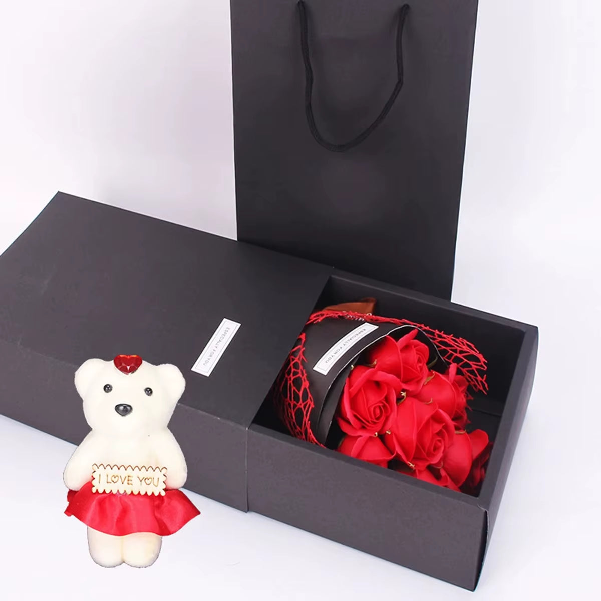 1Pc Handmade 7 Rose Soap Bouquet Little Bear Gift Box Creative Valentine'S Day Mother'S Day Birthday Party Rose Flower Gifts