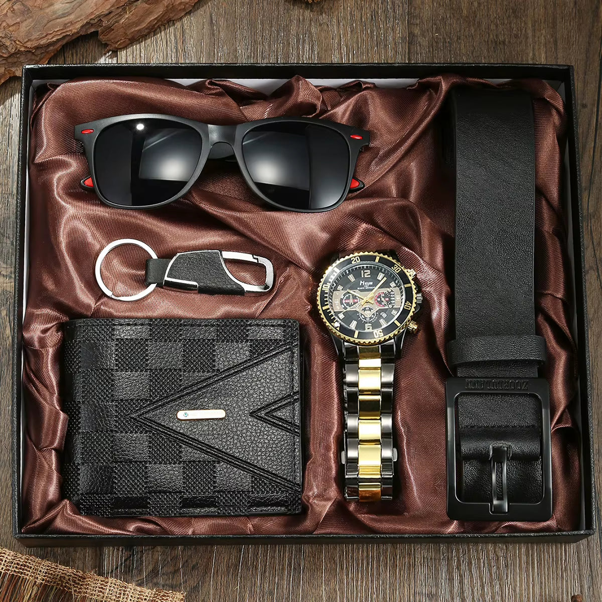 Men's 5-Piece Gift Box Set – Watch, Belt, Wallet, Hair Trimmer, Sunglasses & Keychain