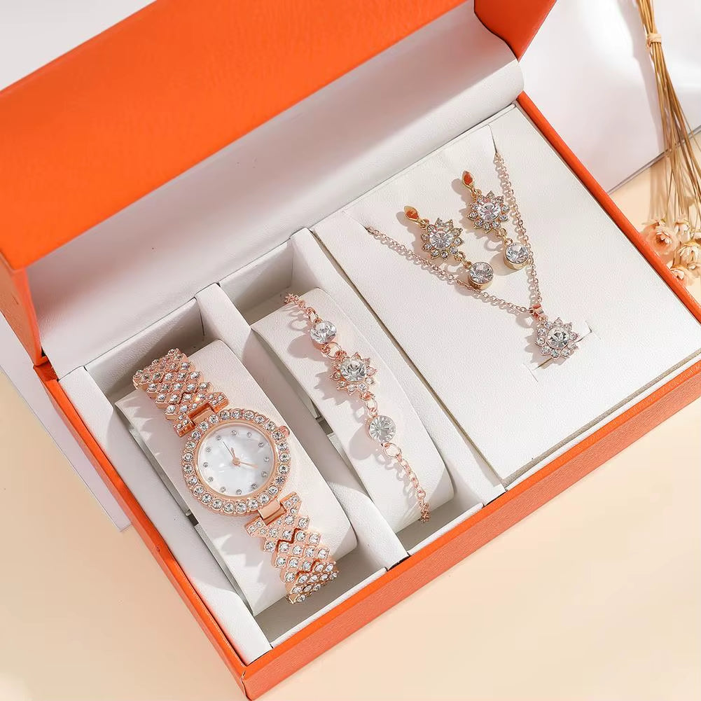 Women's Rose Gold Rhinestone Watch & Jewellery Gift Box