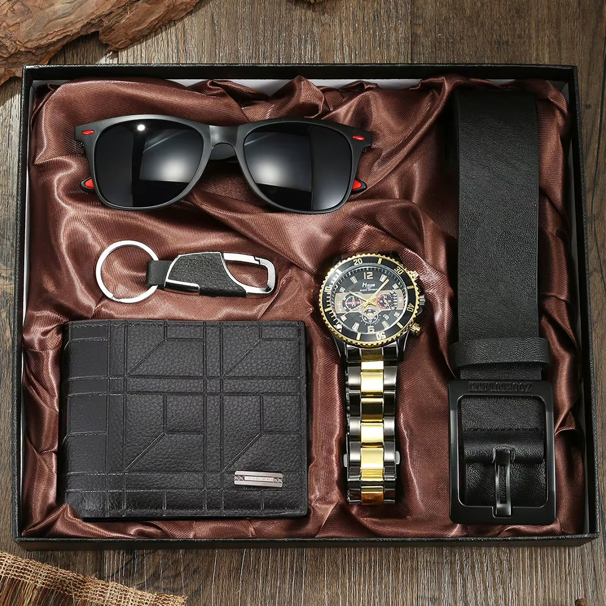 Men's 5-Piece Gift Box Set – Watch, Belt, Wallet, Hair Trimmer, Sunglasses & Keychain