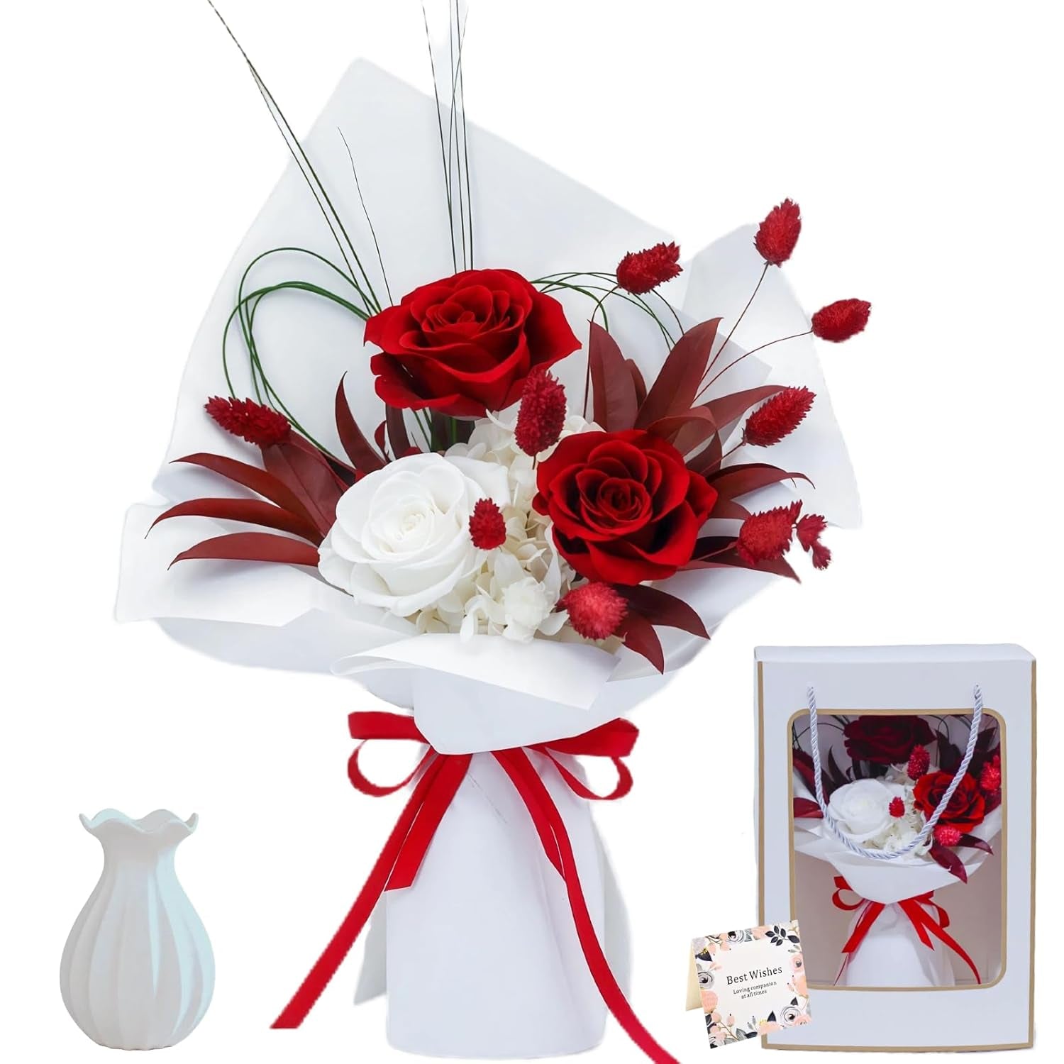 Preserved Flowers Bouquet, Long Lasting Real Roses, Valentine, Mother Day, Anniversary, Birthday Gifts for Women, Flowers for Delivery Prime, Low Maintenance, Gift Box and Vase Arrangement