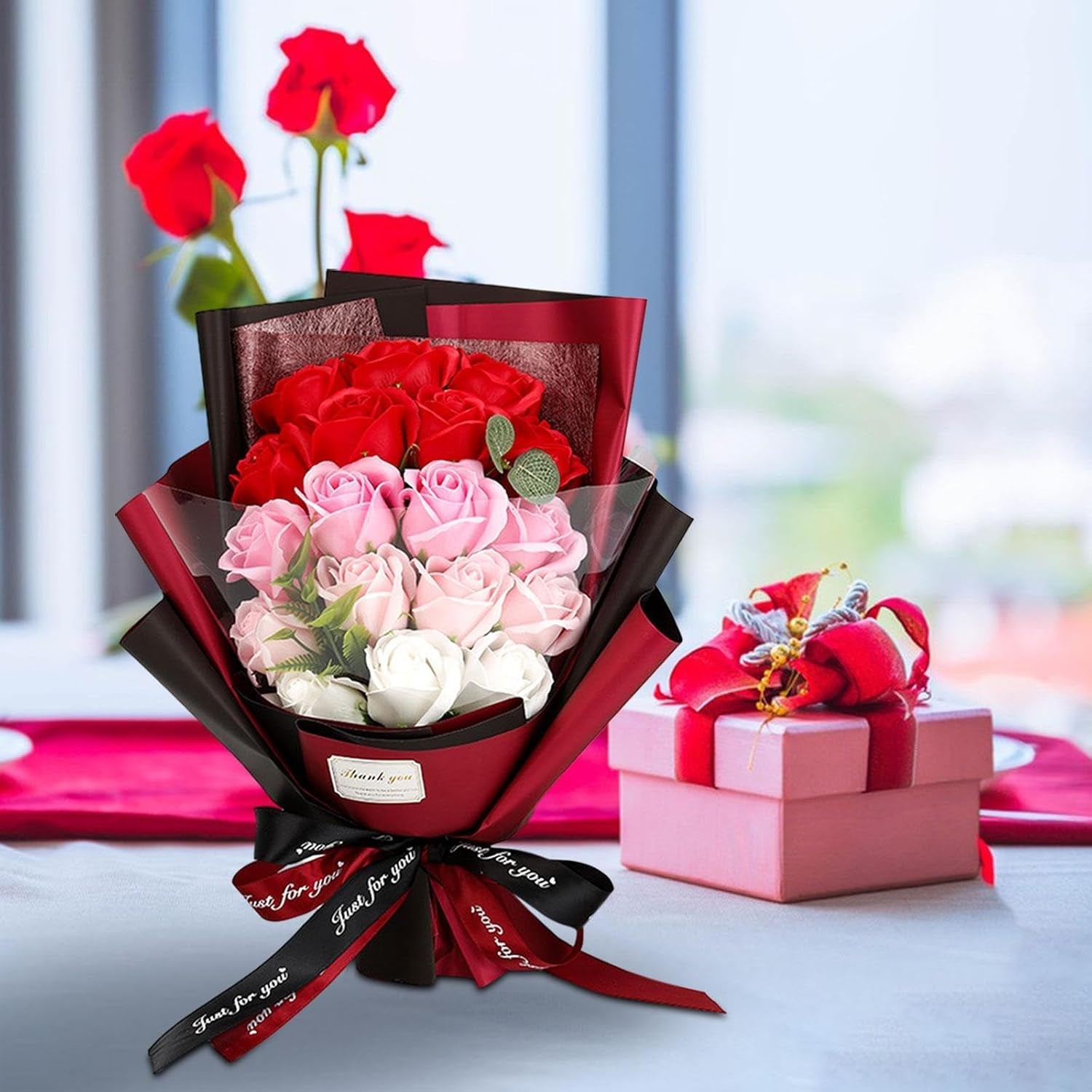 Roses Bouquet Artificial Flower - Preserved Red Rose Flowers with Love Necklace for Her Unique Gift for Birthday, Valentine'S Day, Mother'S Day, Thanksgiving, Christmas, Anniversary (Pink and Red)