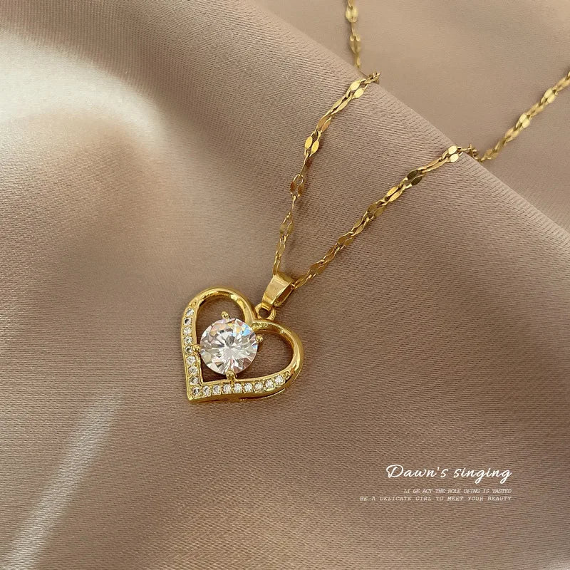 Trendy Heart Stainless Steel Zirconia Necklaces for Women Girls Love Gold Color Metal Necklace Party Birthday Daily Jewelry