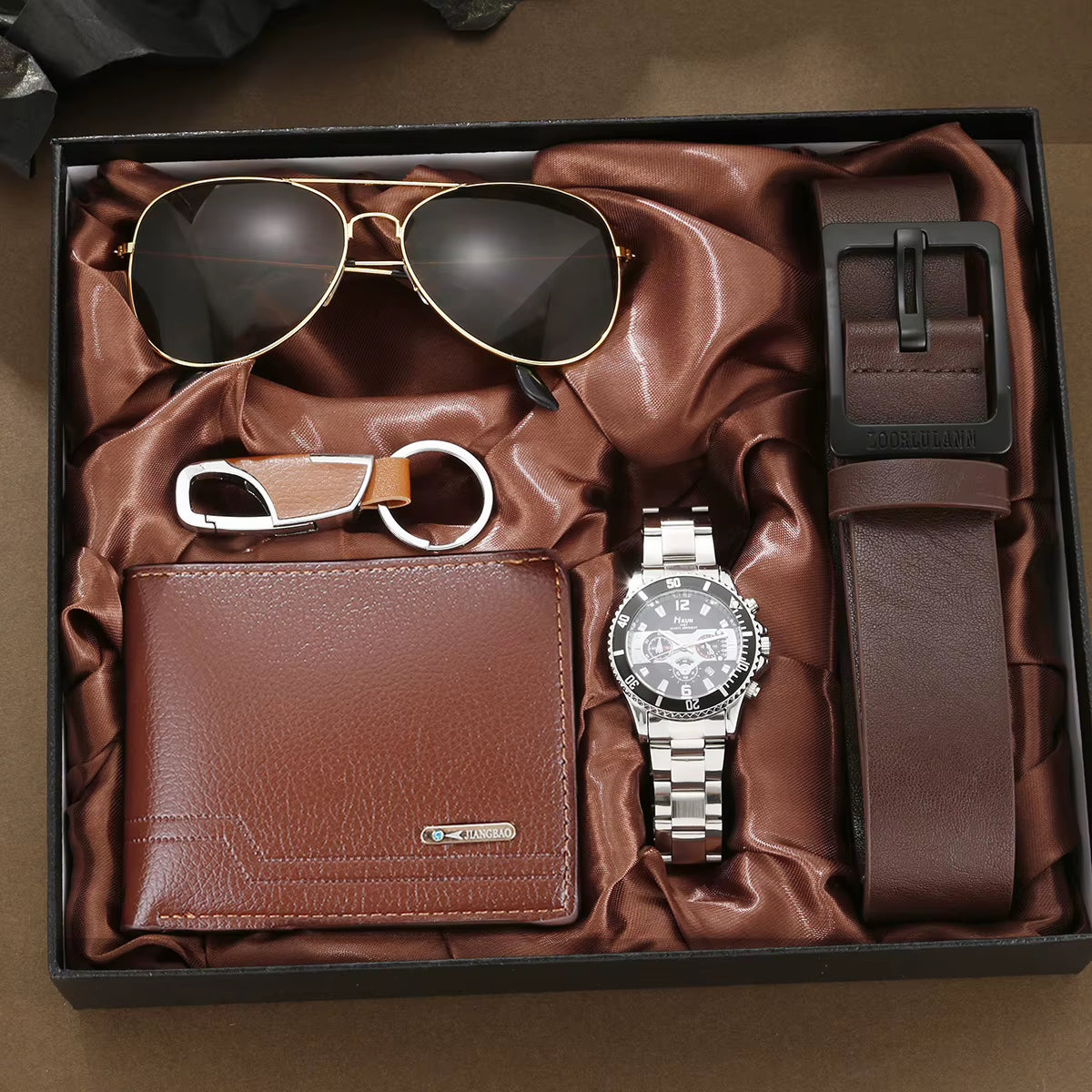 Men's 5-Piece Gift Box Set – Watch, Belt, Wallet, Hair Trimmer, Sunglasses & Keychain