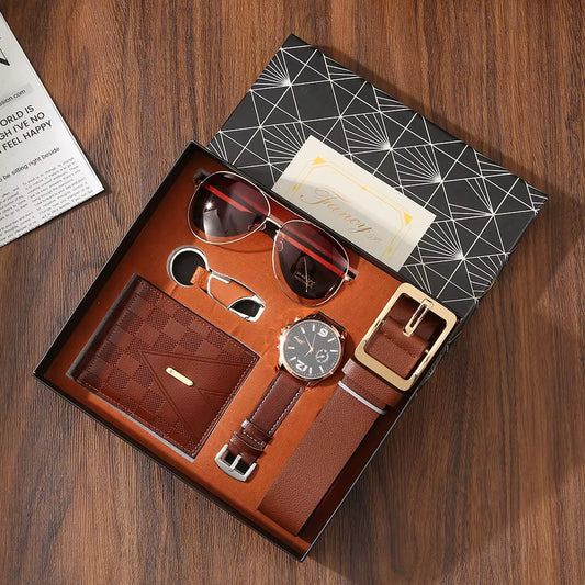 Men's Luxury Gift Set – Watch, Wallet, Belt, Sunglasses & Keychain in Gift Box
