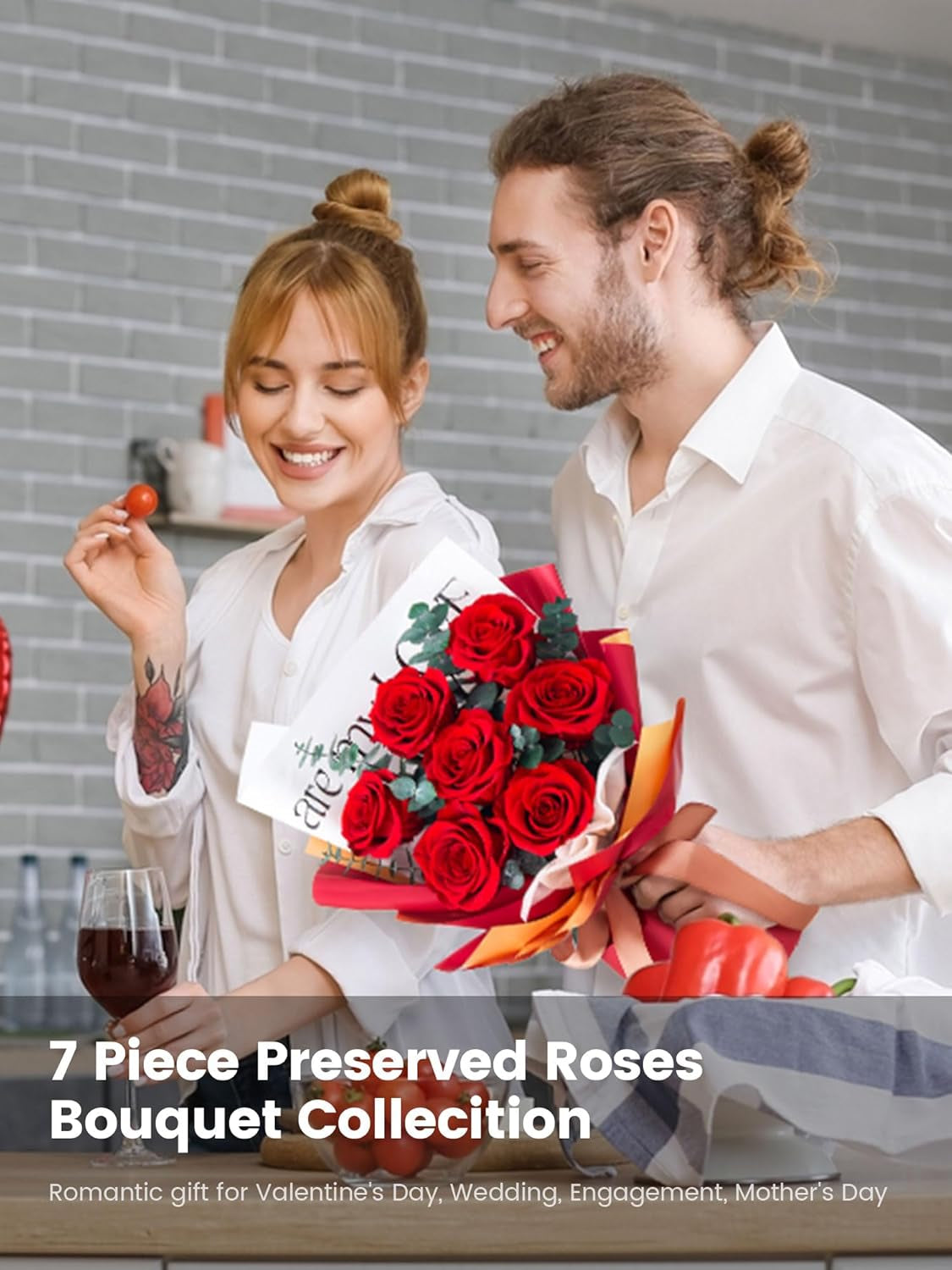 Roses Bouquet 7-Piece Forever Flowers Bouquet Gift for Her Women Wife Mothers Anniversary Birthday Wedding (Red Roses)
