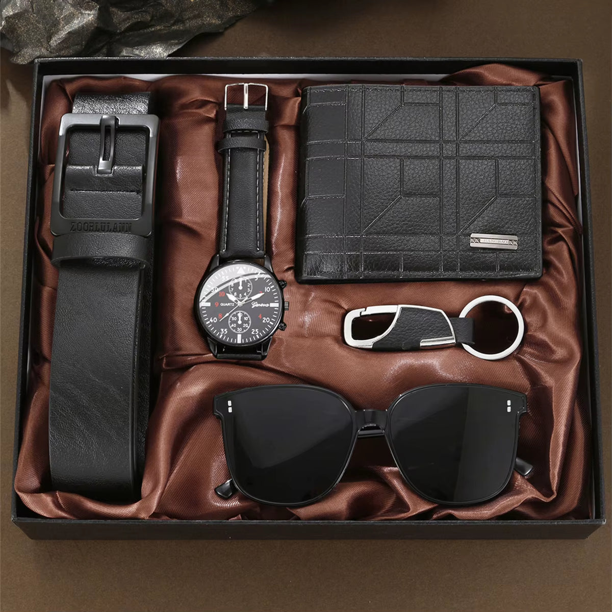 Men's 5-Piece Gift Box Set – Watch, Belt, Wallet, Hair Trimmer, Sunglasses & Keychain