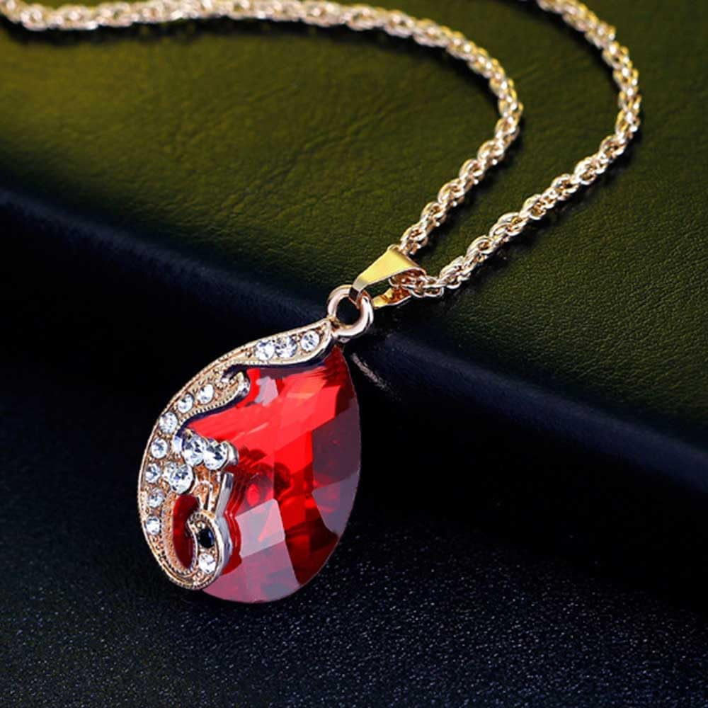 Women'S Gold Plated Teardrop Crystal Necklace, Rings and Earrings Jewelry Set (Red)