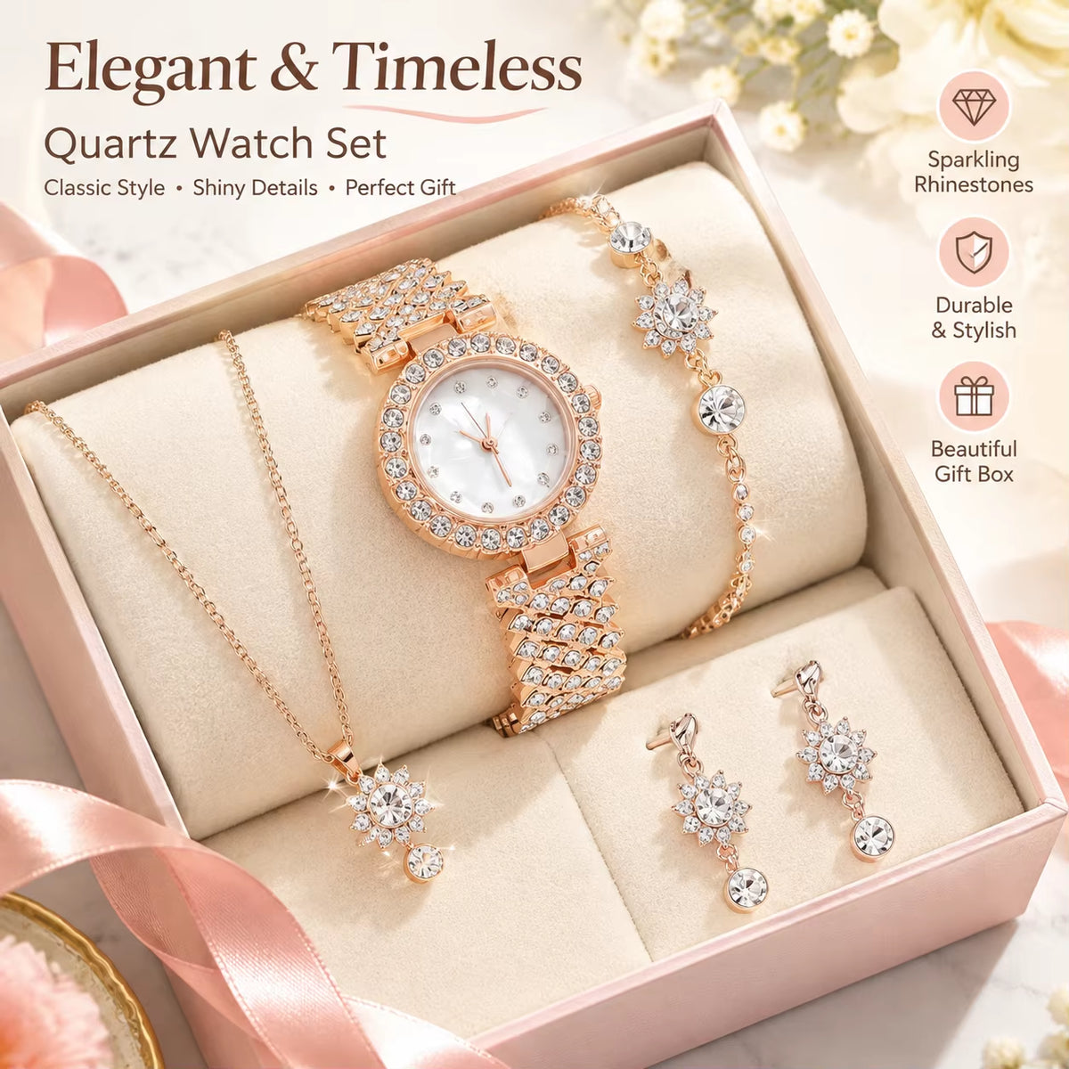Women's Rose Gold Rhinestone Watch & Jewellery Gift Box