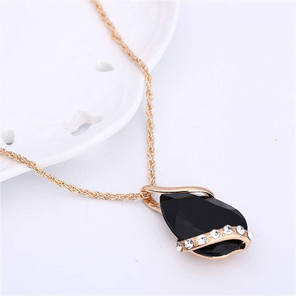 Women Crystal Pendant Gold Plated Chain Necklace Earring Jewelry Set (Black)