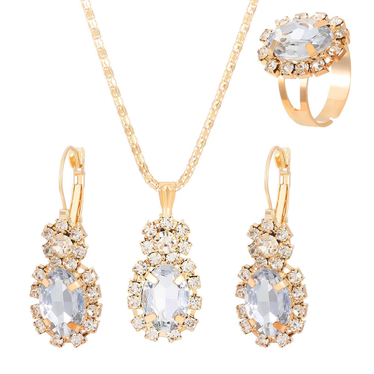3Pcs Silver Oval Cut Cubic Zirconia Necklace Earrings Rings Set Trendy Banquet Daily Date Jewelry Set Gift for Women Girls Her