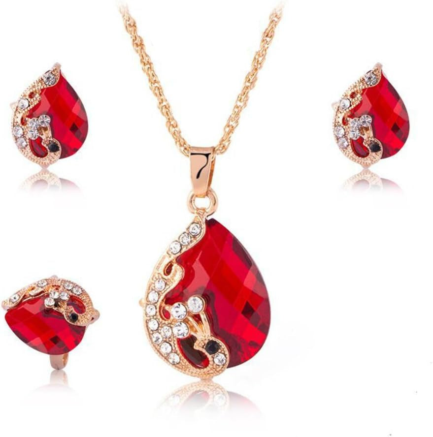 Women'S Gold Plated Teardrop Crystal Necklace, Rings and Earrings Jewelry Set (Red)