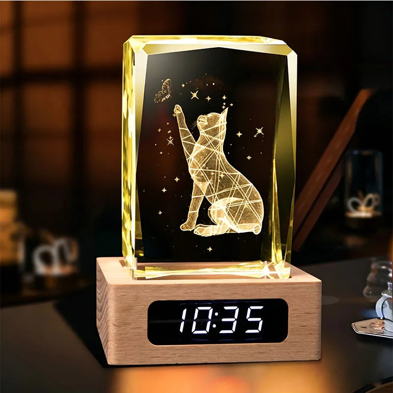 Crystal block on wooden digital-clock base (sample engraving)