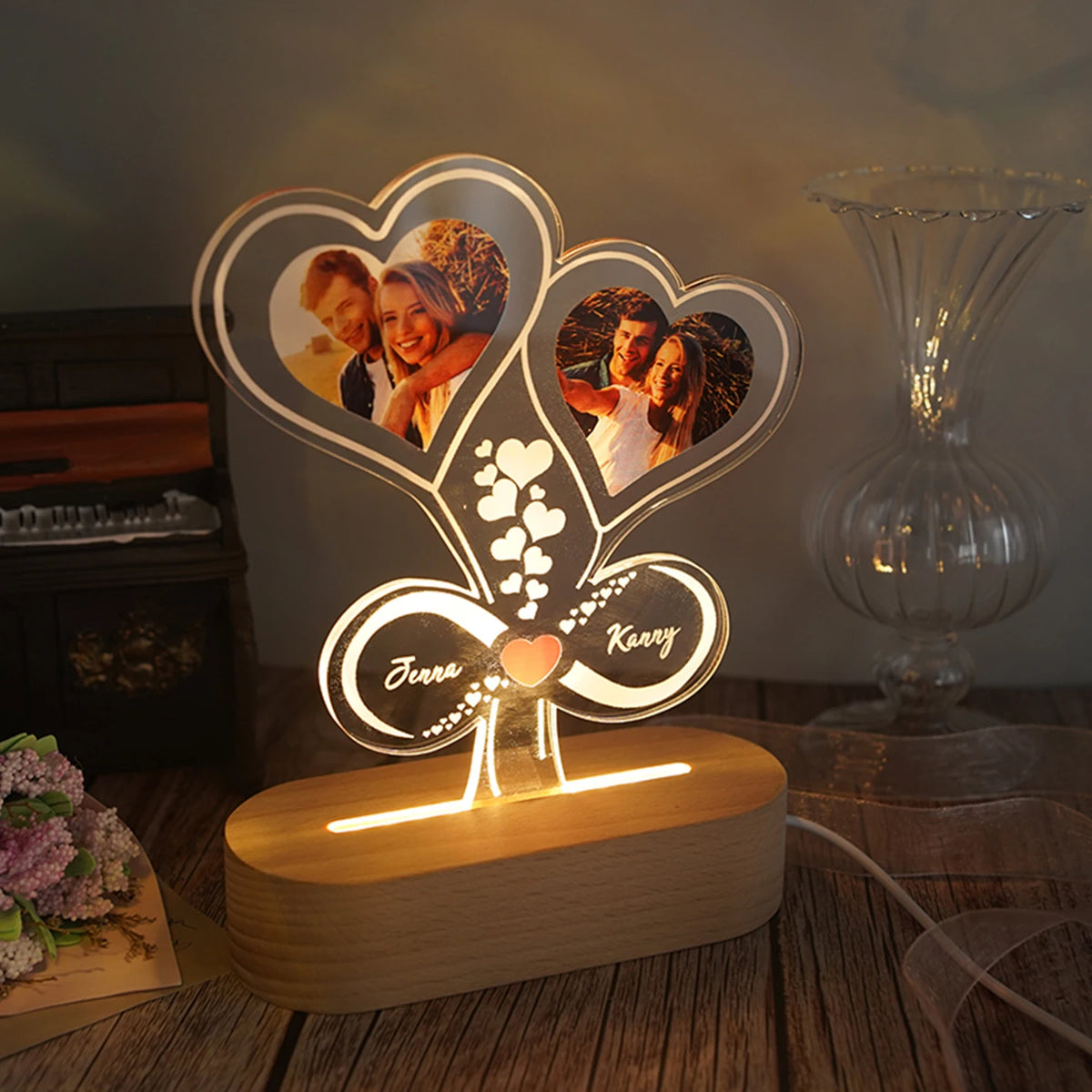 Personalized double-heart infinity names LED night light