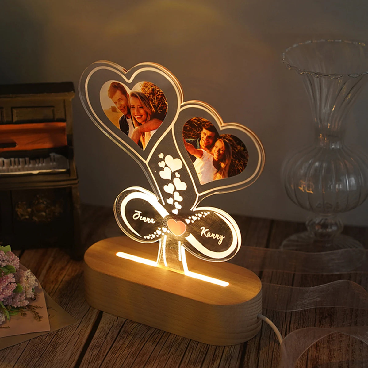 Personalized double-heart infinity names LED night light