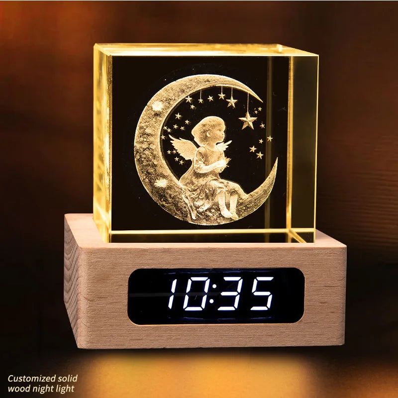 Crystal block on wooden digital-clock base (sample engraving)