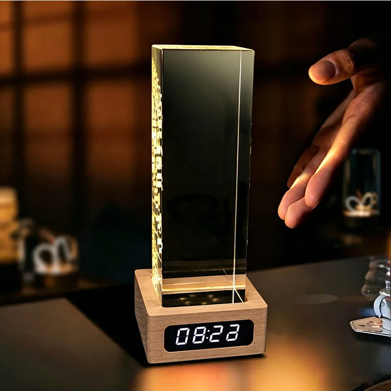 Crystal block on wooden digital-clock base (sample engraving)