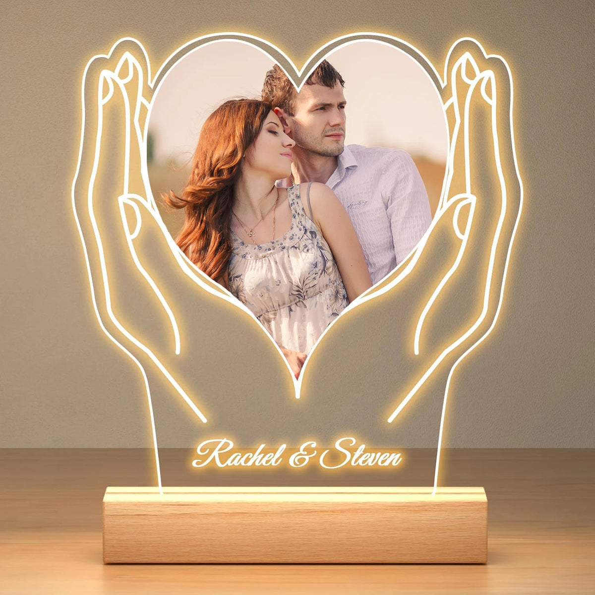 Personalized heart-in-hands photo lamp