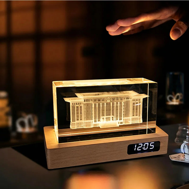 Crystal block on wooden digital-clock base (sample engraving)