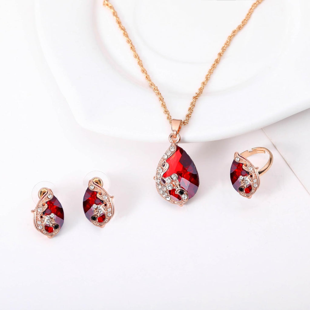 Women'S Gold Plated Teardrop Crystal Necklace, Rings and Earrings Jewelry Set (Red)