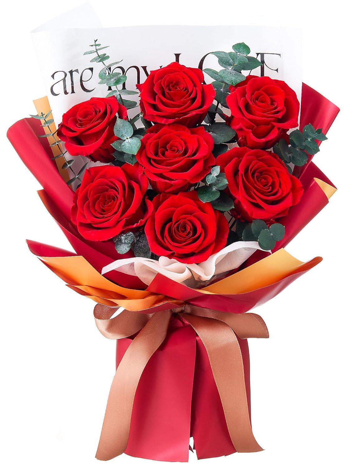 Roses Bouquet 7-Piece Forever Flowers Bouquet Gift for Her Women Wife Mothers Anniversary Birthday Wedding (Red Roses)