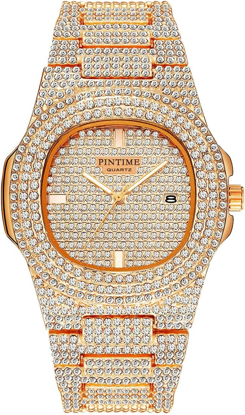 Men'S/Womens Unisex Crystal Watch Full Bling Iced-Out Cuban Watch Oblong Silver/Gold Wristwatch Hip-Hop Stainless Steel Bracelet Watch
