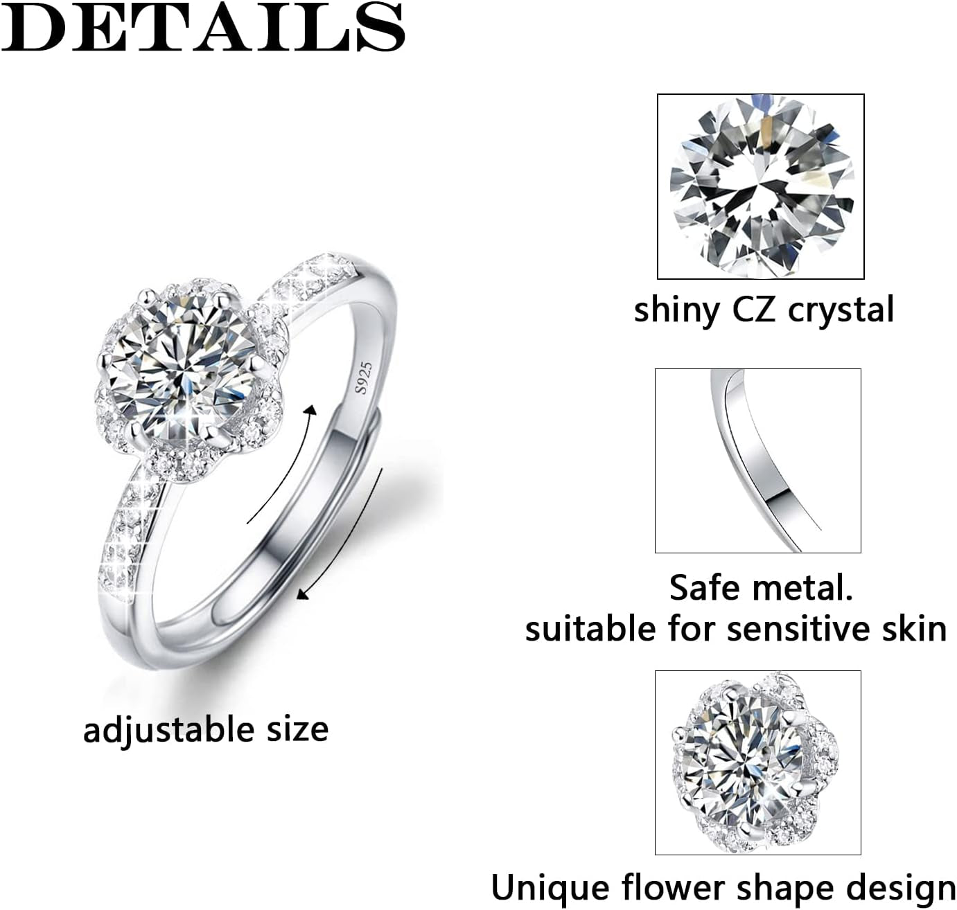 925Silver Moissanite Adjustable Engagement Ring, Promise Eternity Ring for Women,Wedding Rings,Jewelry Gift,Friendship Promise Fashion Jewelry Valentine Gifts for Women