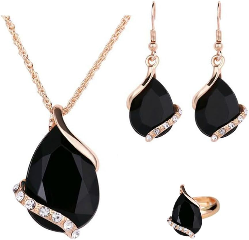 Women Crystal Pendant Gold Plated Chain Necklace Earring Jewelry Set (Black)