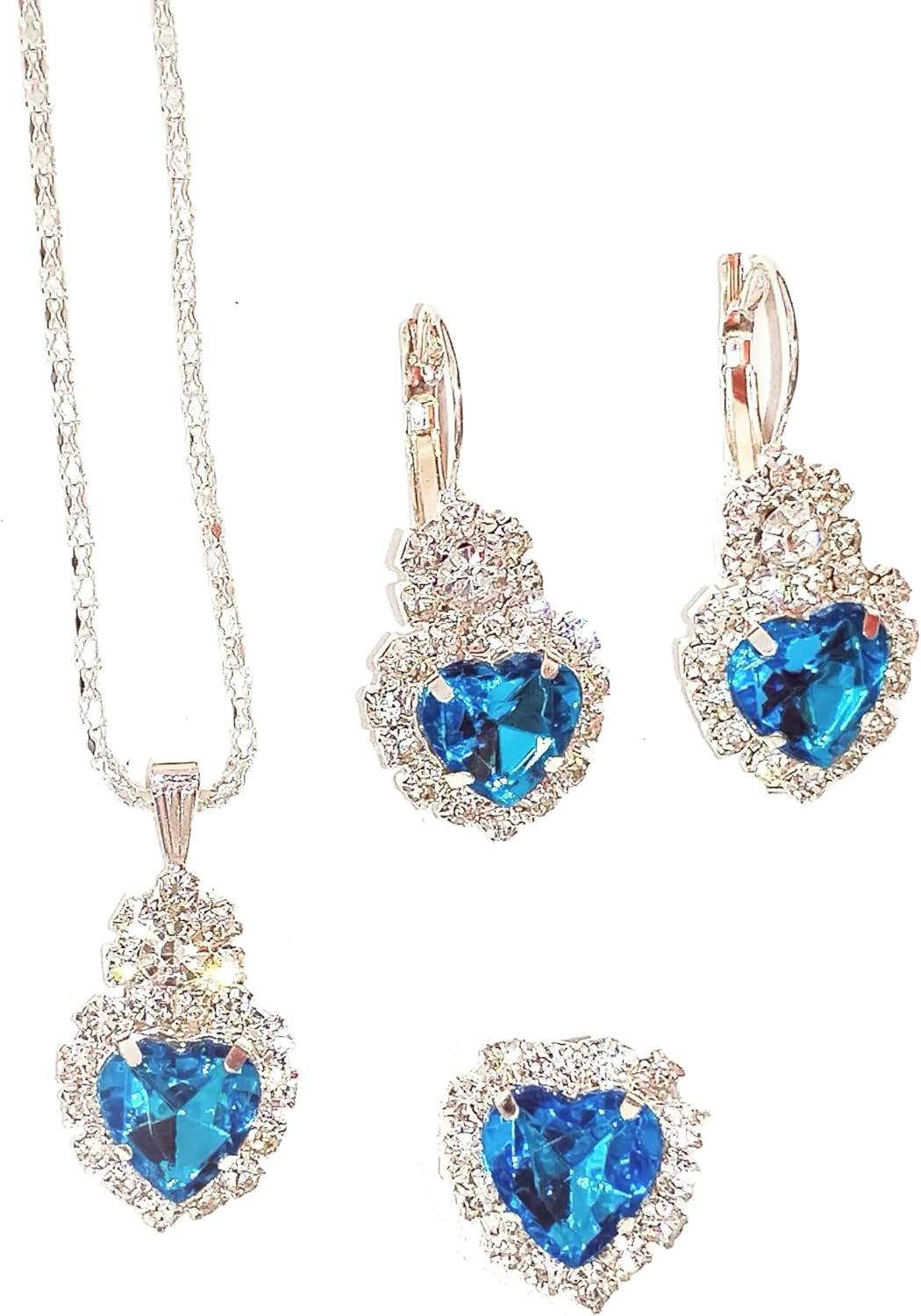 Jewelry Set for Women Love Heart Alloy Artificial Crystal Earrings Pendant Necklace Ring Wedding Party Prom Anniversary Birthday Engagement for Bridal Bridesmaid Girlfriend