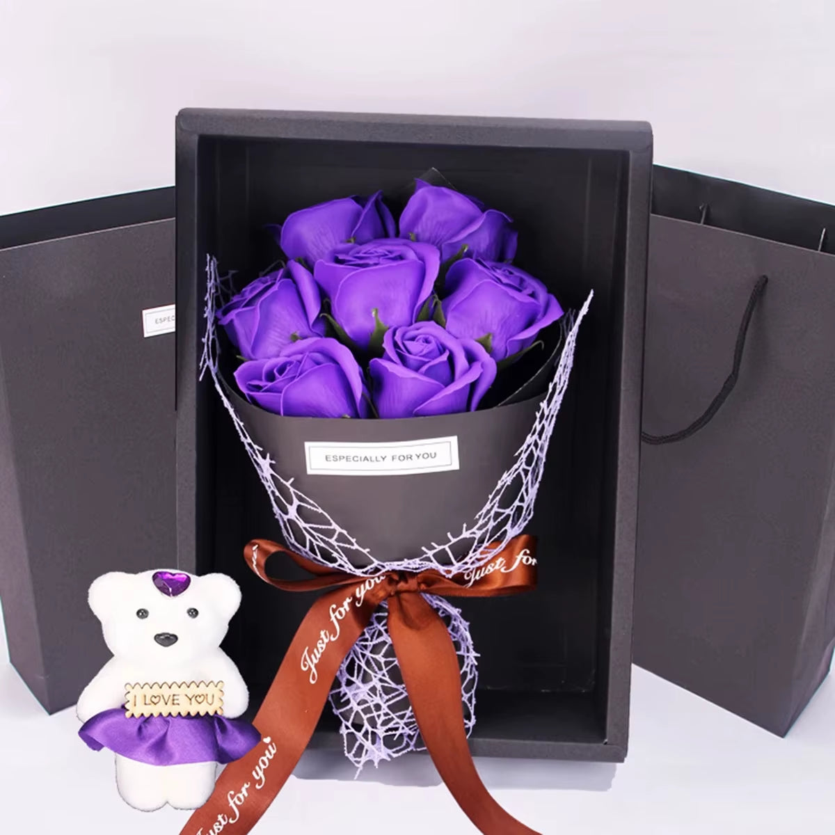 1Pc Handmade 7 Rose Soap Bouquet Little Bear Gift Box Creative Valentine'S Day Mother'S Day Birthday Party Rose Flower Gifts