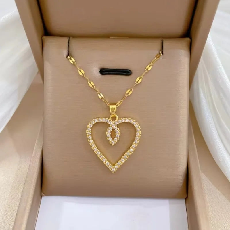 Trendy Heart Stainless Steel Zirconia Necklaces for Women Girls Love Gold Color Metal Necklace Party Birthday Daily Jewelry