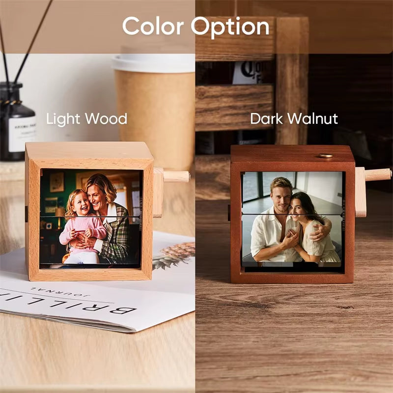 Custom Photo Flip Book Frame Photo Animation Box Hand-Cranked Photo Album Wooden Rotating Memory Box with Light Gift