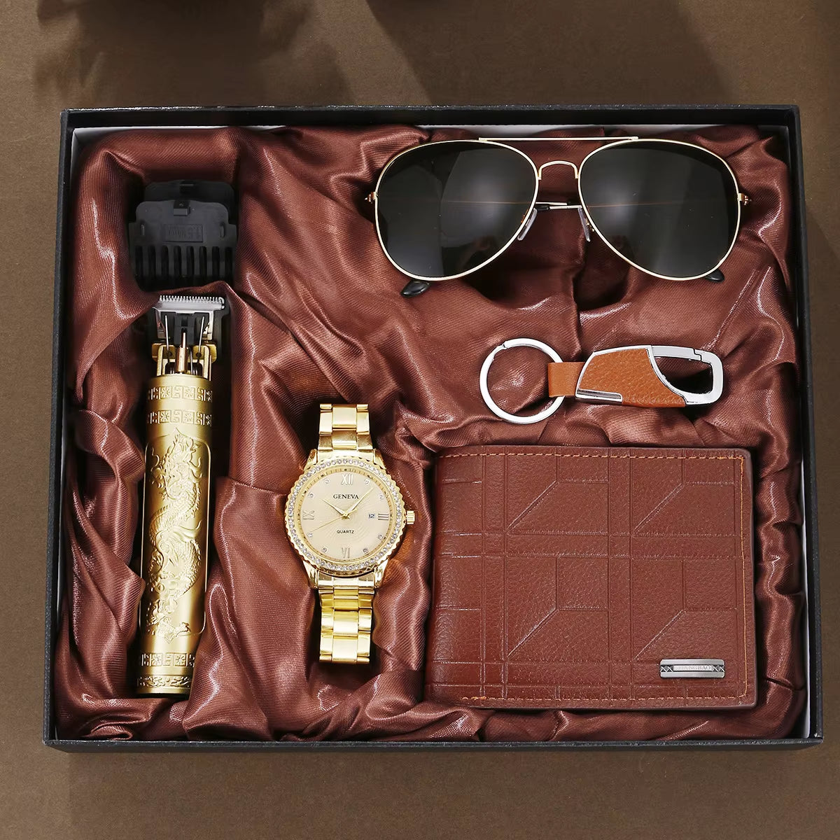 Men's 5-Piece Gift Box Set – Watch, Belt, Wallet, Hair Trimmer, Sunglasses & Keychain