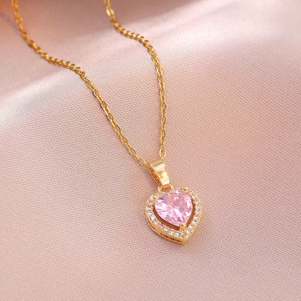 Stainless Steel Chain Pink Heart-Shaped Zircon Pendant Necklace for Women Lady Sweet Jewelry Accessories Gifts